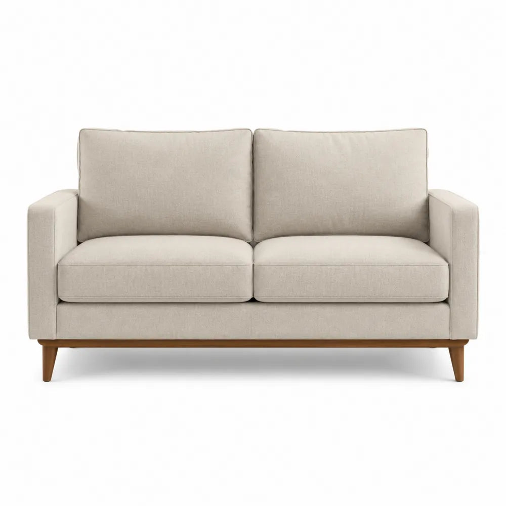 Sofa dwuosobowa lniana beżowa z drewnianą podstawą