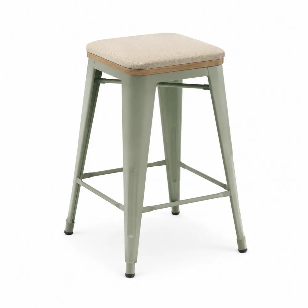 Metalowy stołek z beżowym siedziskiem z tkaniny, wys. 75 cm