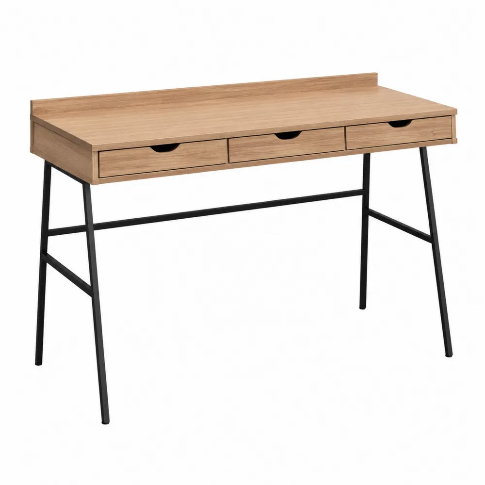 Biurko z trzema szufladami, laminat dębowy i stalowe nogi, czarne, 120 cm