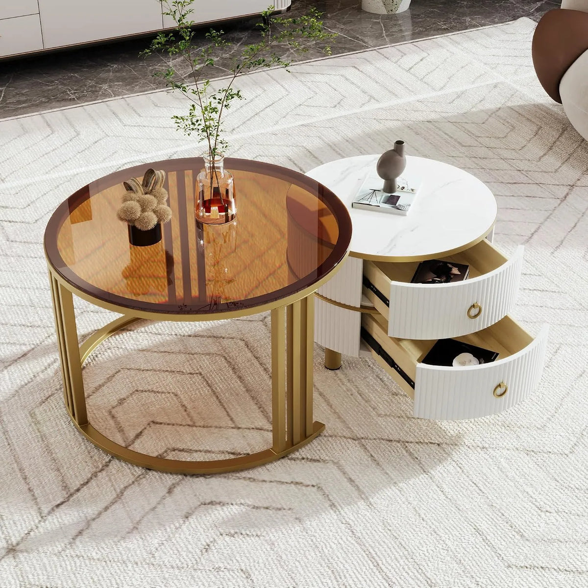 Stolik kawowy, OKMYHOME Okrągły, 70x70x45, 2 szuflady, płyta MDF i metal i szkło, kolor biały/brązowy