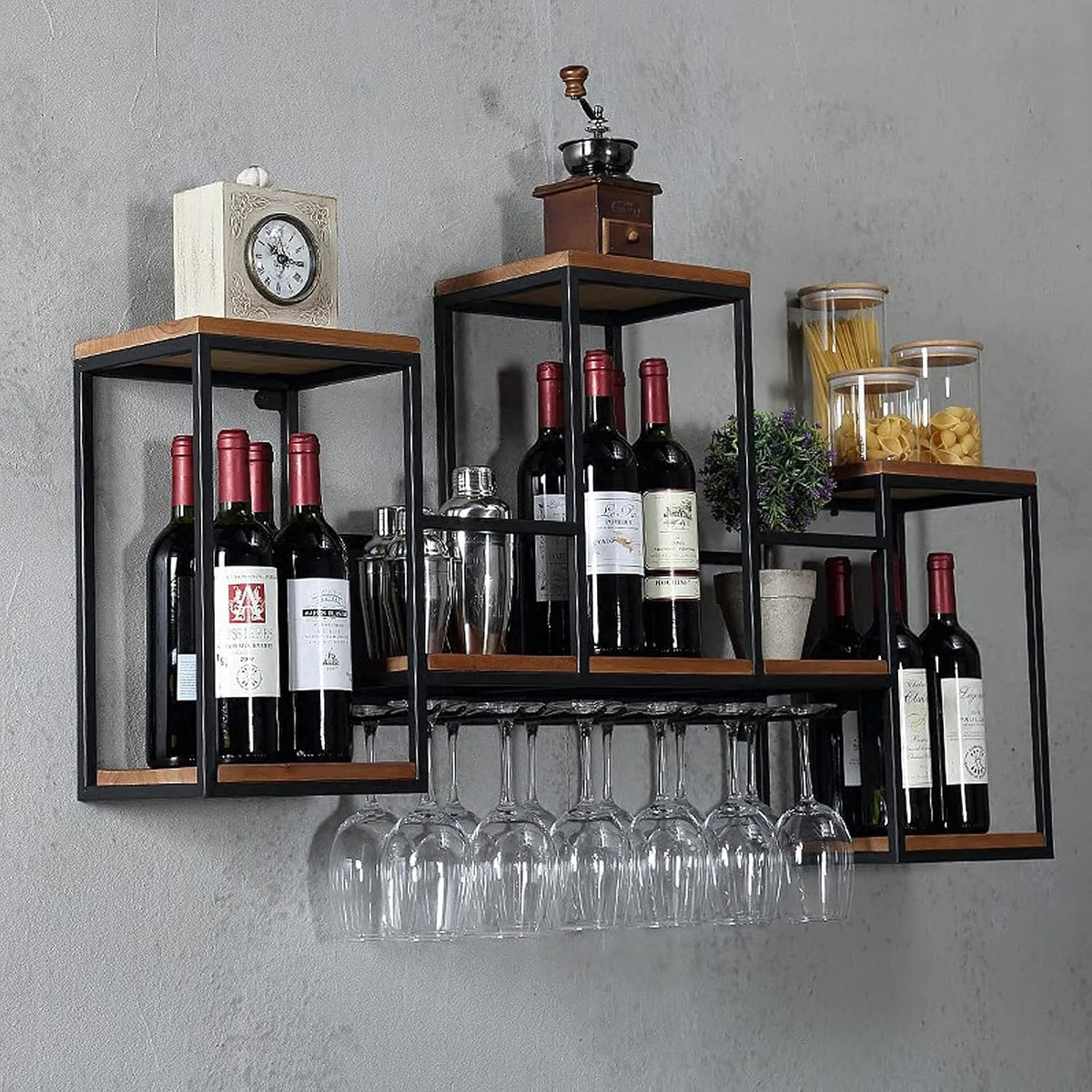 Regał na wino, 106 x 20 x 55 cm, montaż ścienny, metal, kolor czarny