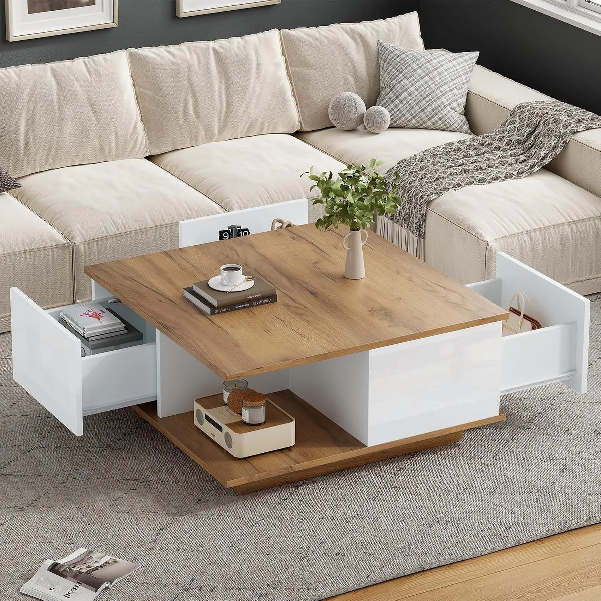 Stolik kawowy, OKMYHOME, 70x70x31,5 cm, 3 szuflady, kolor biały/brązowy, do salonu
