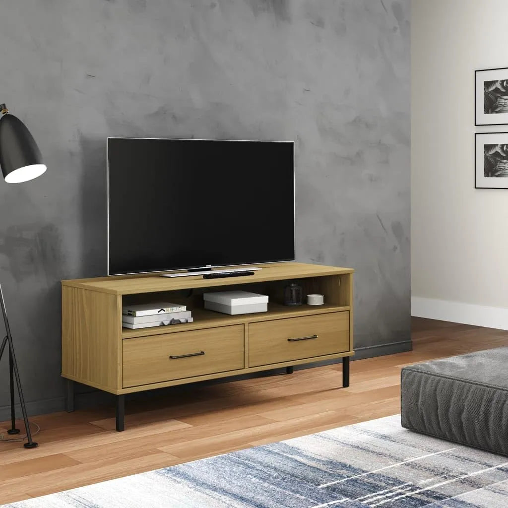 Szafka RTV, Oslo, 106 x 40 x 46,5 cm, 2 szuflady, drewno sosnowe i lite drewno i metal, kolor brązowy, do salonu