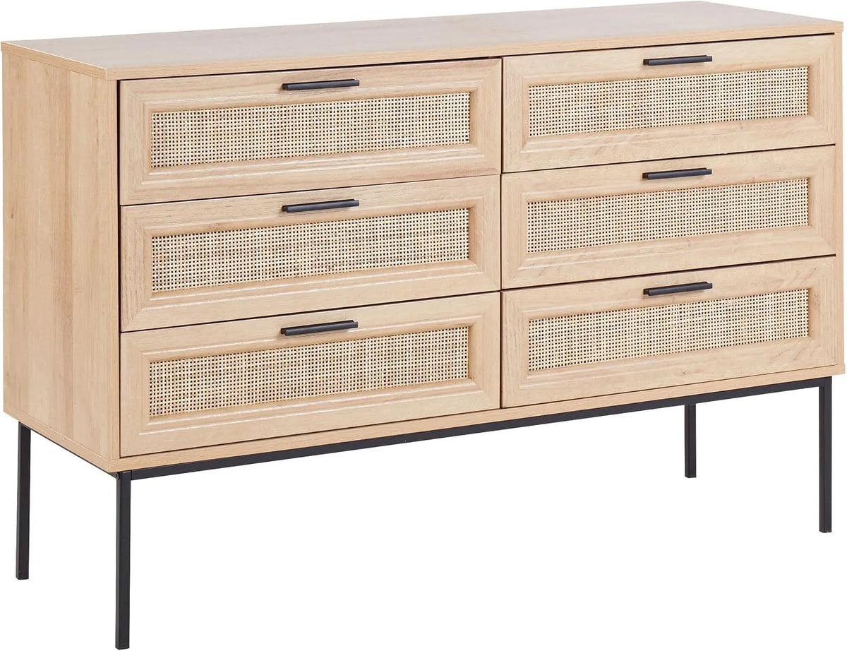 Komoda, 6 szuflad, metal i rattan, kolor czarny, do salonu