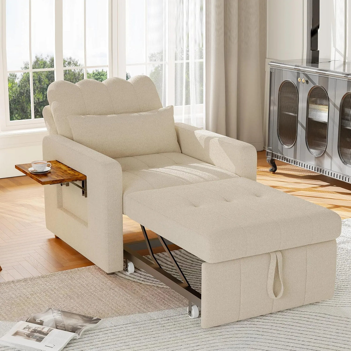 Sofa, 190 x 70 cm, składana konstrukcja, regulowane elementy, kolor beżowy, do salonu i do sypialni